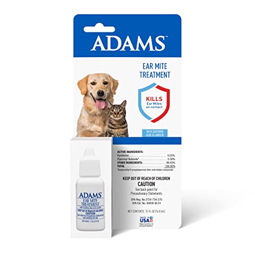 Adams Ear Mite Treatment For Dogs and Cats Over 12 Weeks, Kills Ear Mites On Contact, Relief For Dogs and Cats Suffering From Ear Mites, Soothing Aloe and Lanolin Formula .5 Fl Oz
